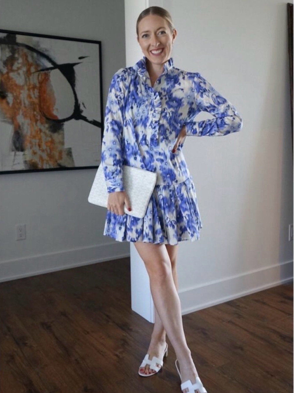 Tuckernuck Tate Dress Size Medium Ivory Blue Iris Breeze Ruffle Neck Drop Waist